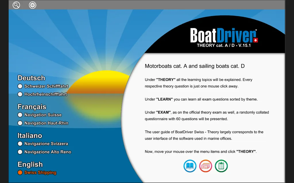 BoatDriver Swiss Theorie 15.1: Startseite mit Sprach- und Gewässerwahl