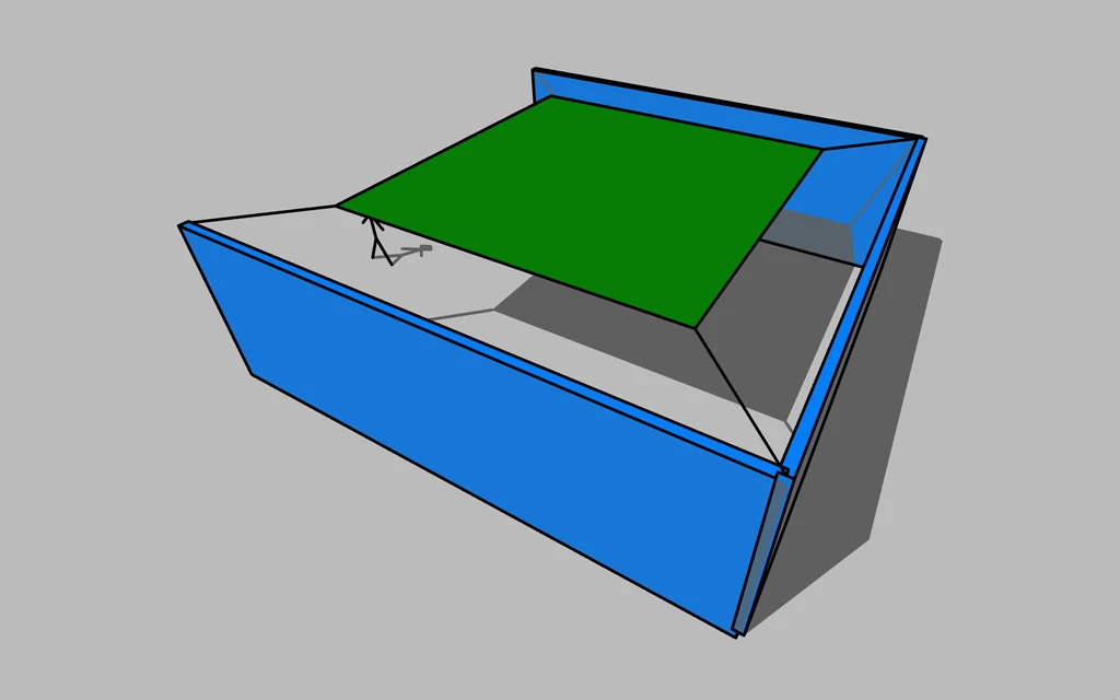 3D-Schattenplaner: Innenhof mit Sonnensegel an Spannseilen und seinem Schatten am Vormittag